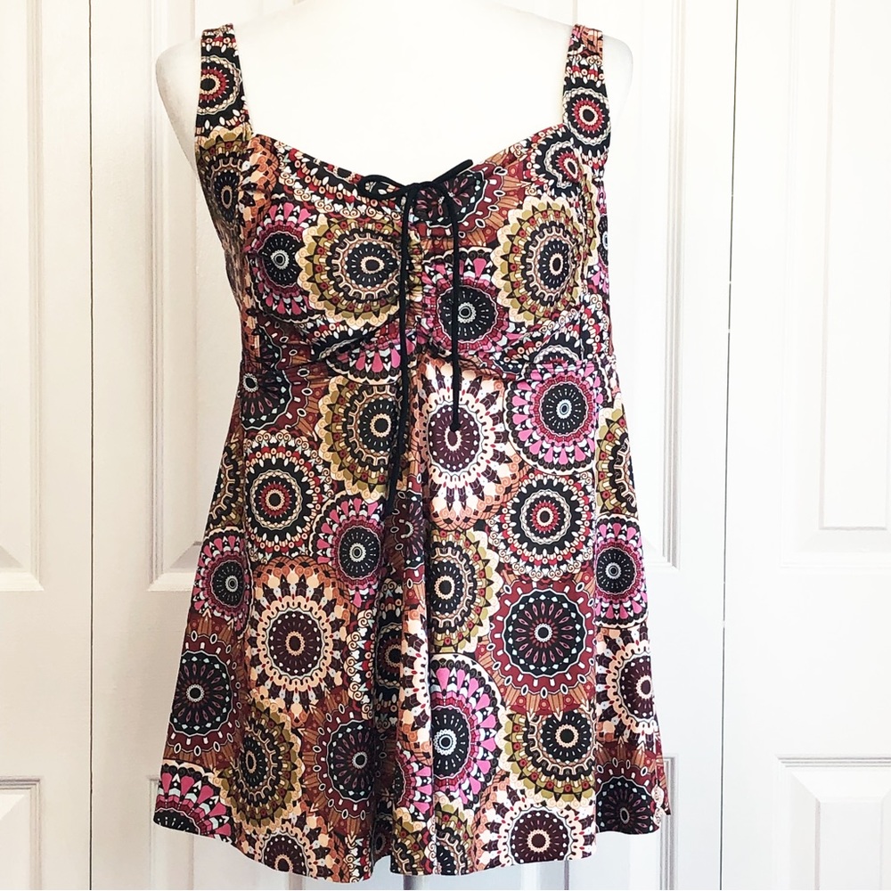 NWT Yonique 14W Colorful Mandala Print Tie Front Tankini Swim Top
